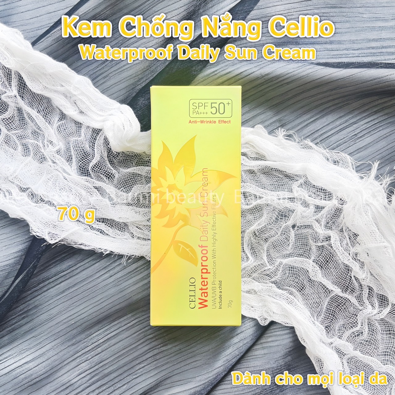 Kem chống nắng Cellio Waterproof Daily Sun Cream SPF 50+/ PA+++ 70g - Hàn Quốc #vàng, chống nước, lâu trôi