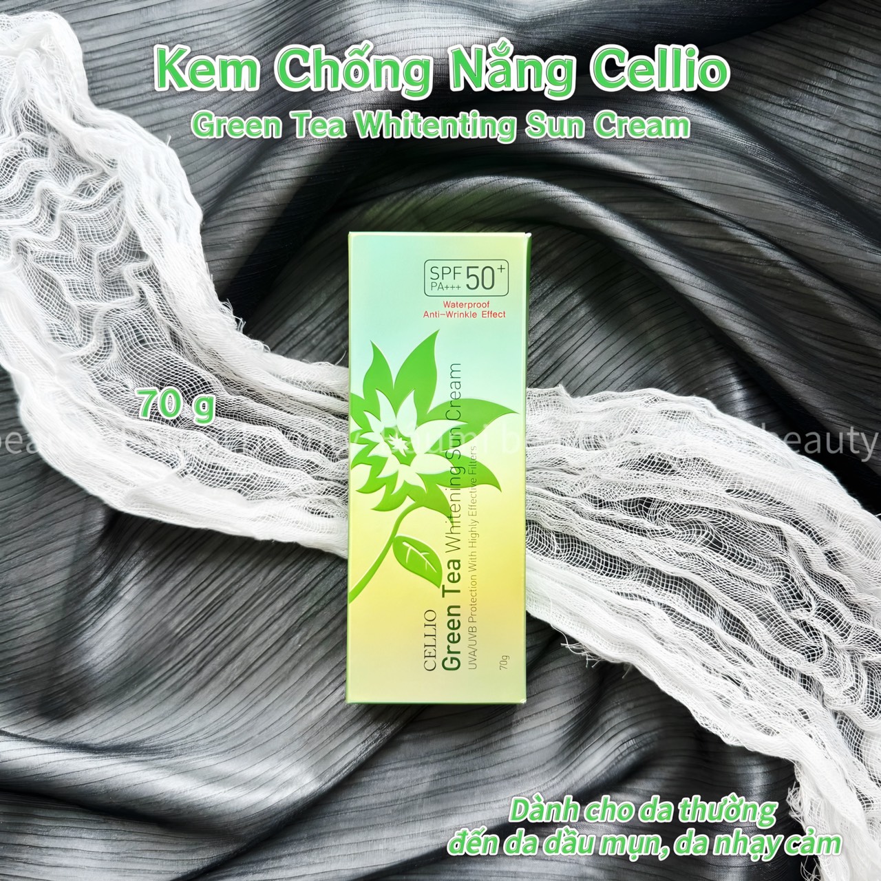 Kem chống nắng Cellio Green Tea Whitening Sun Cream SPF 50+/ PA+++ 70g - Hàn Quốc #Xanh lá chống lão hoá, ngừa mụn, kháng nước, sáng da