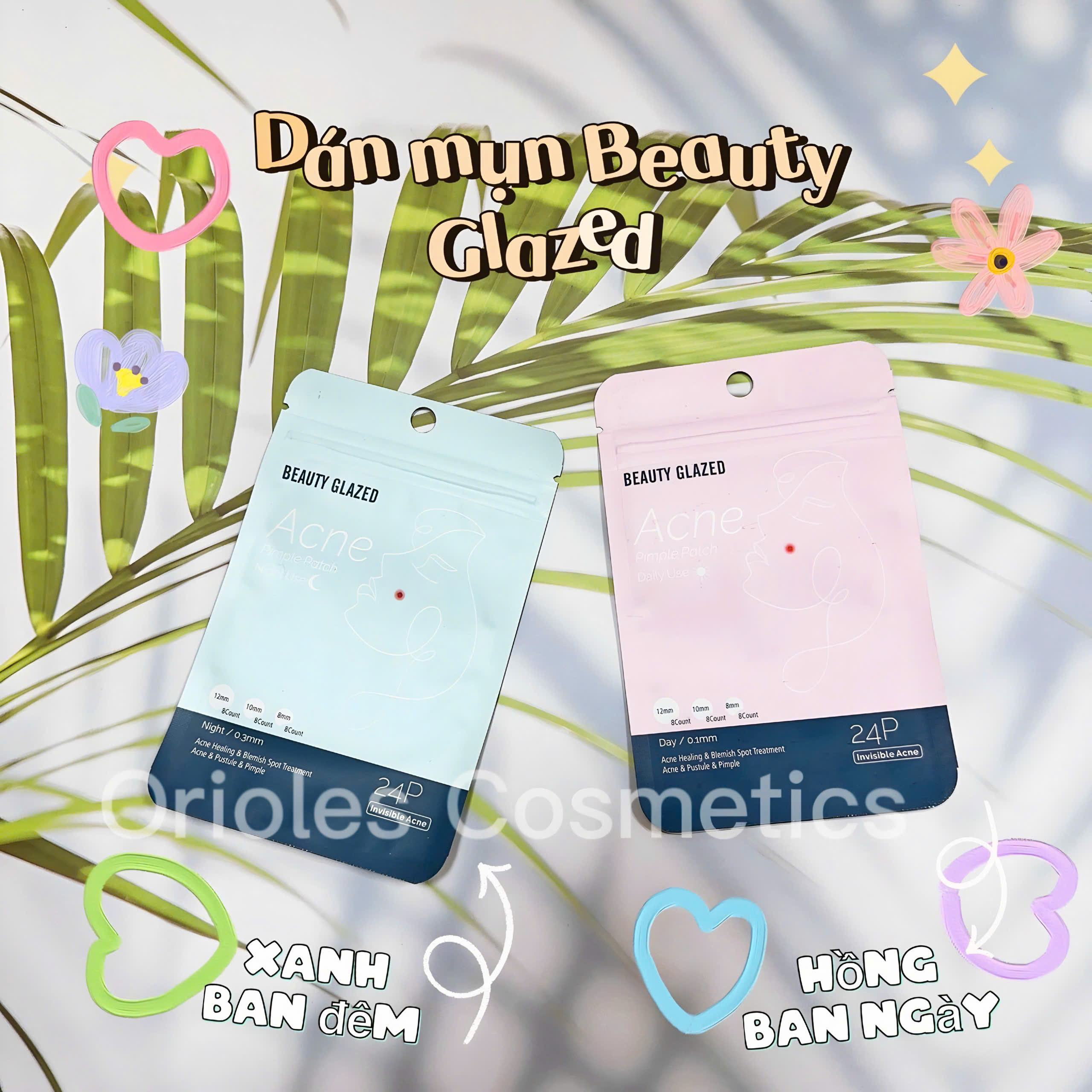 Miếng Dán Hỗ trợ giảm mụn Chống Thấm Nước Beauty Glazed 24 miếng dán tròn nhỏ #Hồng ban ngày