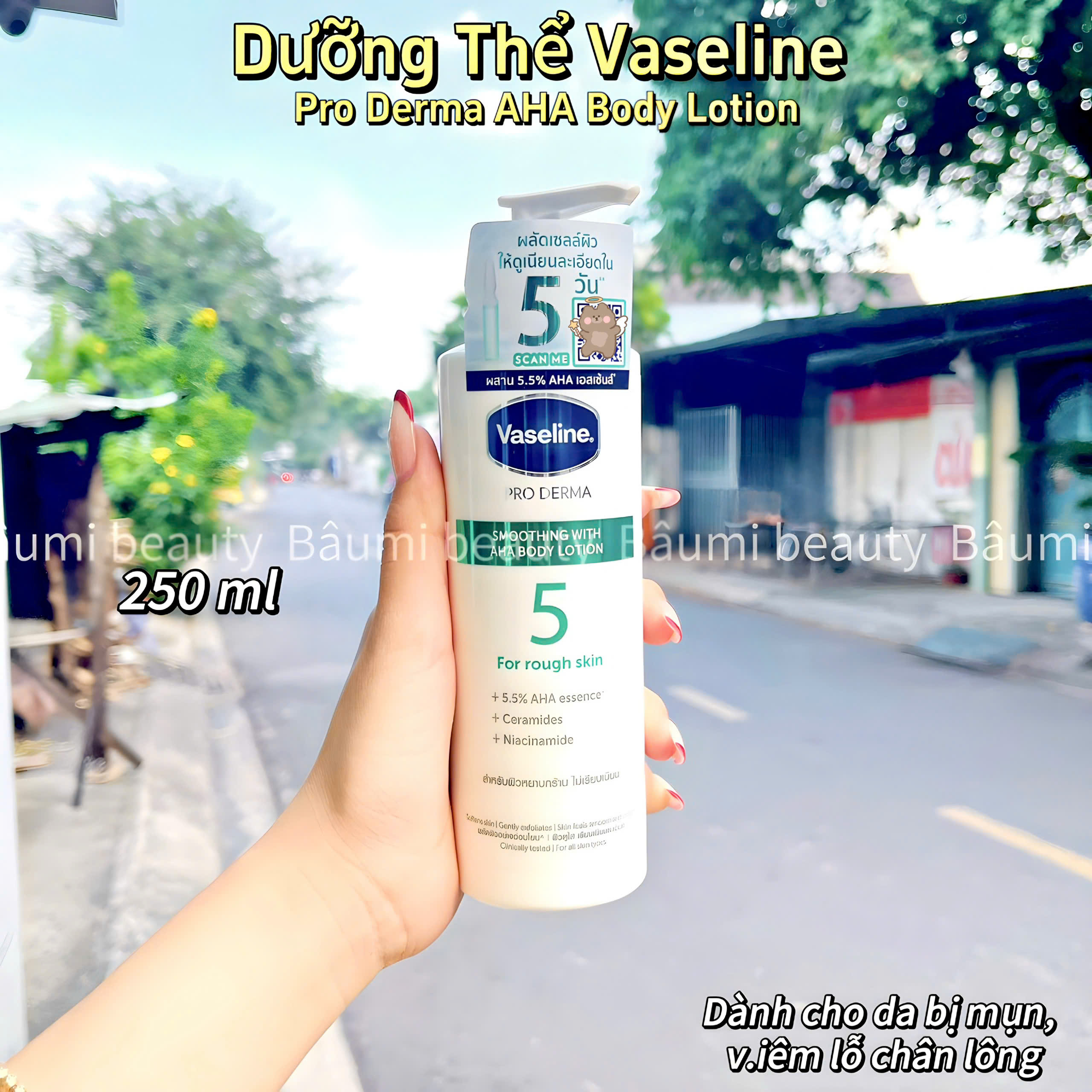 Sữa dưỡng thể dưỡng trắng, đều màu da, tan thâm nám Vaseline số 5 Pro Derma AHA Body Lotion 250ml - bản Thái