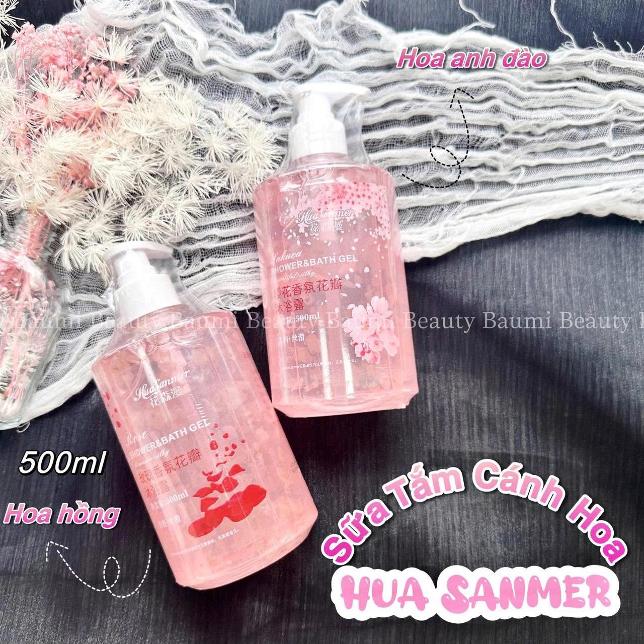 Sữa tắm cánh hoa dưỡng ẩm mềm mịn, lưu hương lâu Hua Sanmer Shower&Bath Gel 500ml - nội địa Trung #Rose hoa hồng