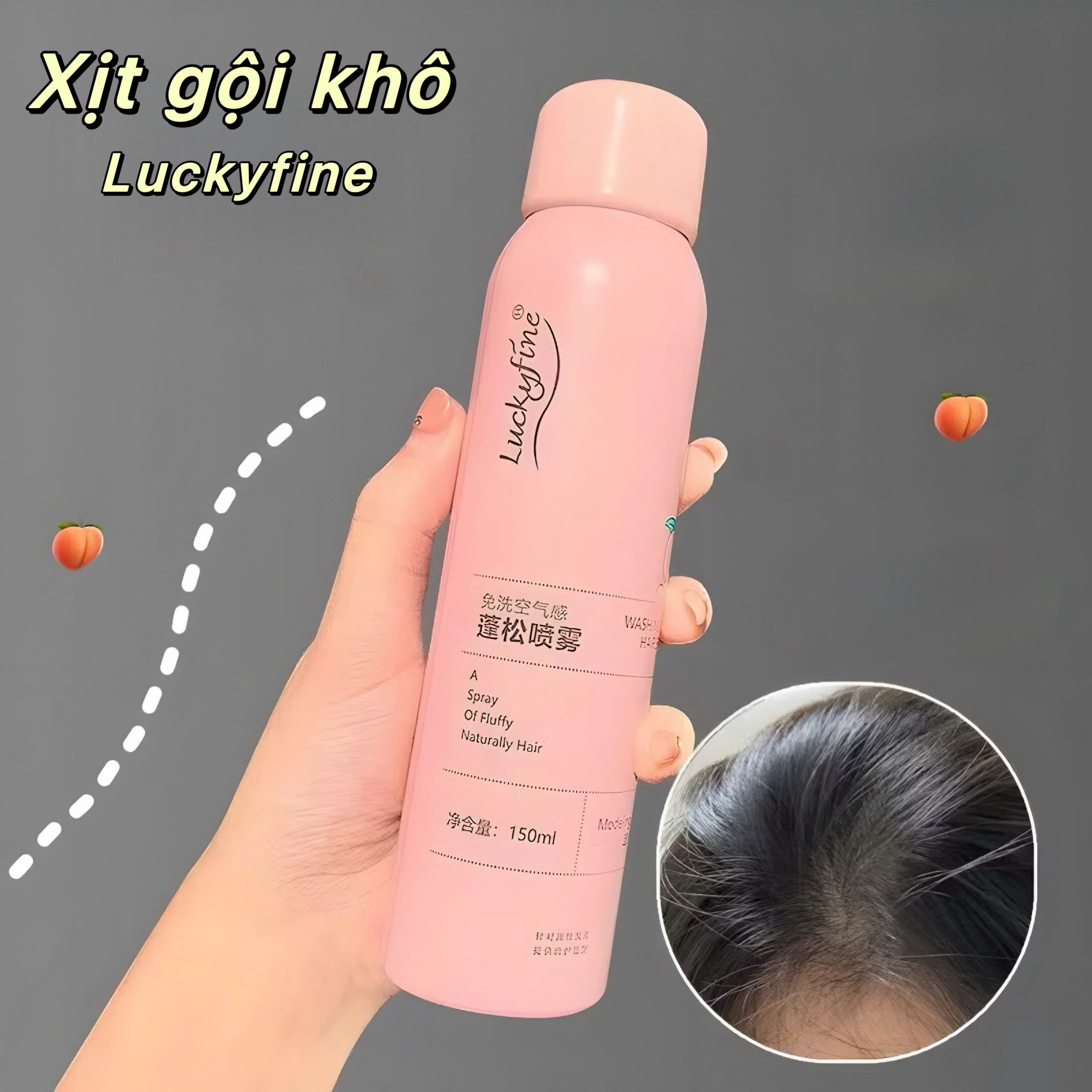 Xịt gội khô/ Dầu gội khô Luckyfine không bết dầu làm phồng tóc hương đào thơm dịu 150ml - nội địa Trung #hồng