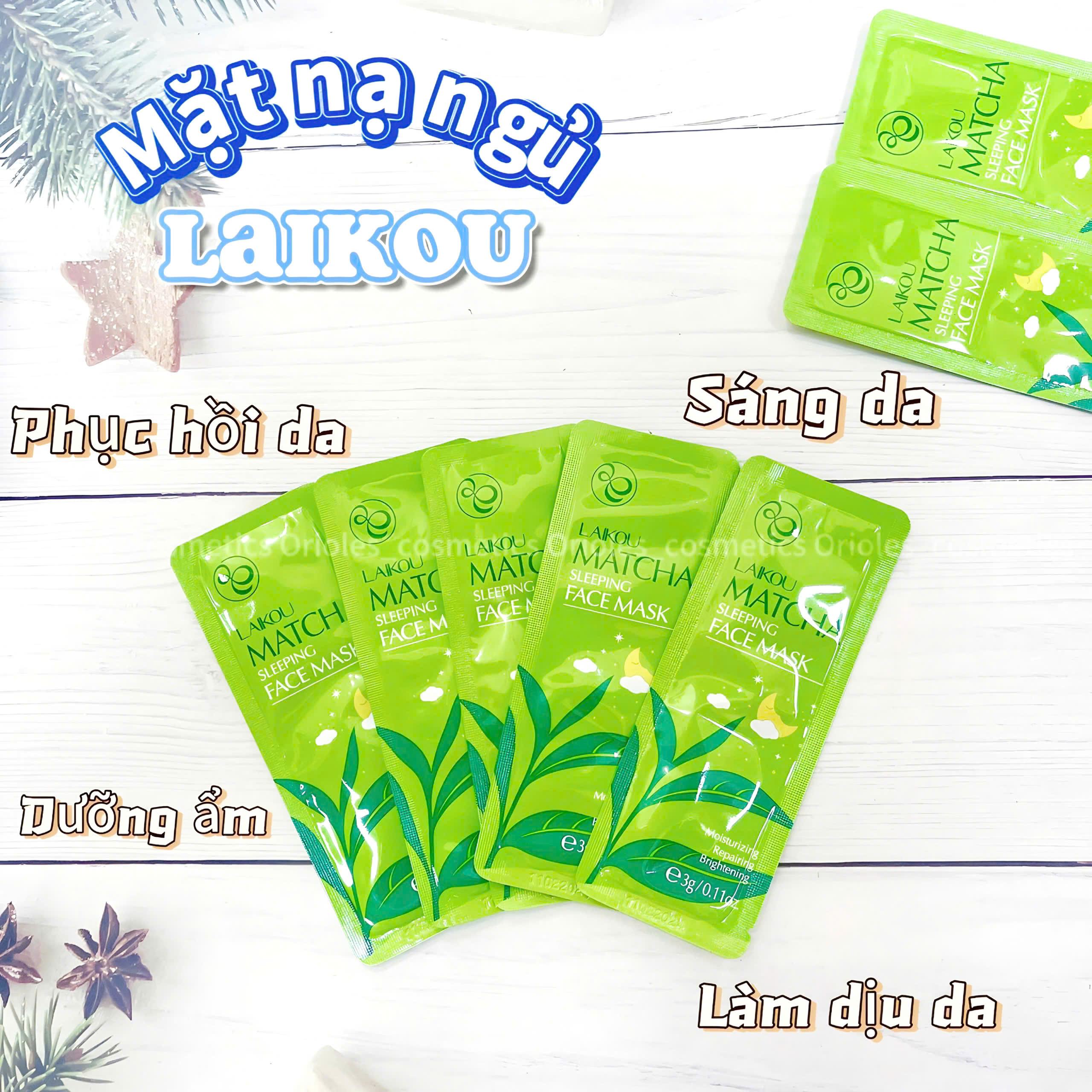 [ Lẻ 1 gói ] Mask/ Mặt nạ ngủ sáng da, cấp ẩm, ngừa mụn Laikou 3g #Matcha