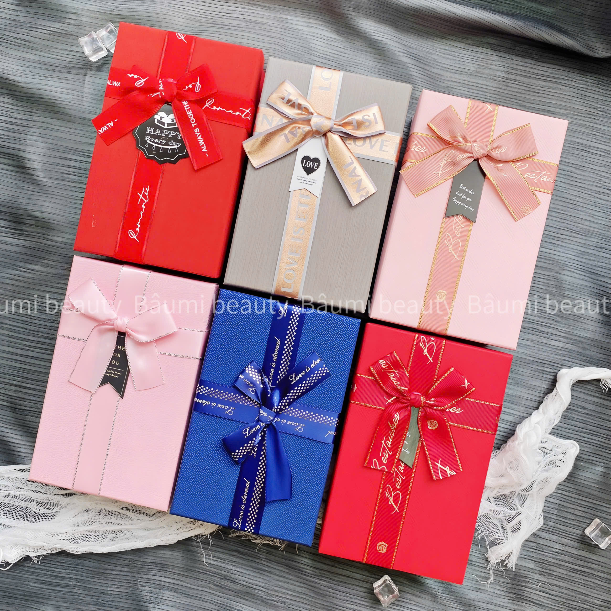 ( Lẻ 1 ) Hộp đựng quà tặng hình chữ nhật đính nơ nhiều kiểu xinh xắn, sang trọng #size nhỏ 19x12x7cm