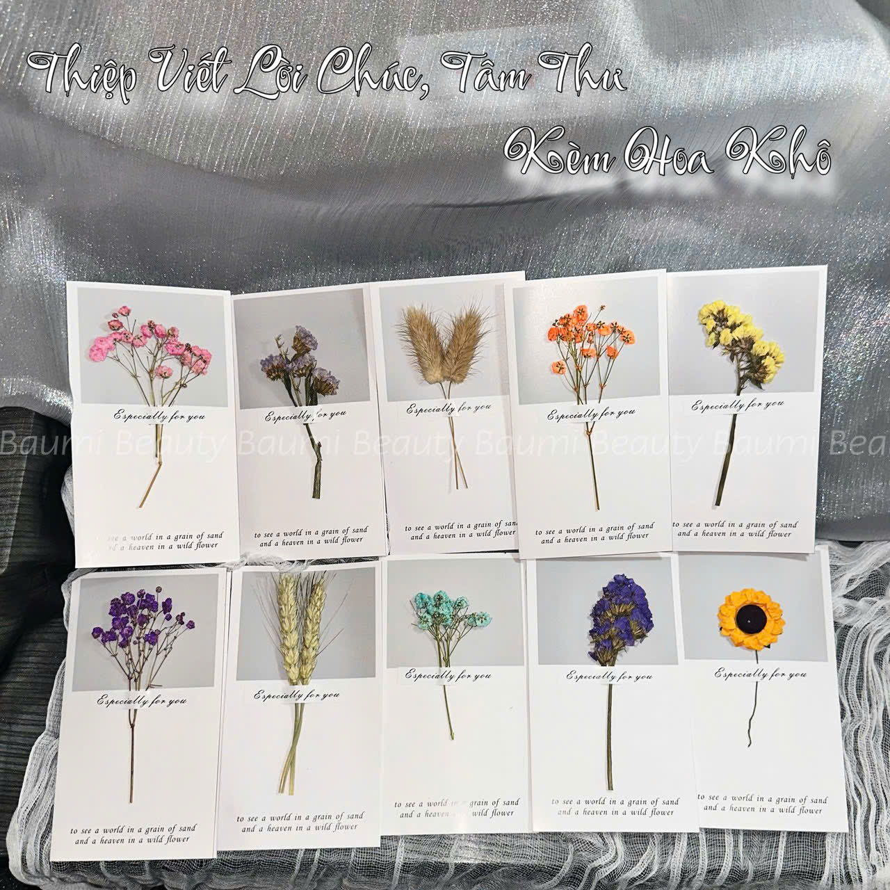 ( Lẻ 1 cái ) Thiệp giấy dạng gấp Vintage đính kèm hoa khô, viết chúc mừng sinh nhật, ngày nhà giáo, gia đình 16x9cm