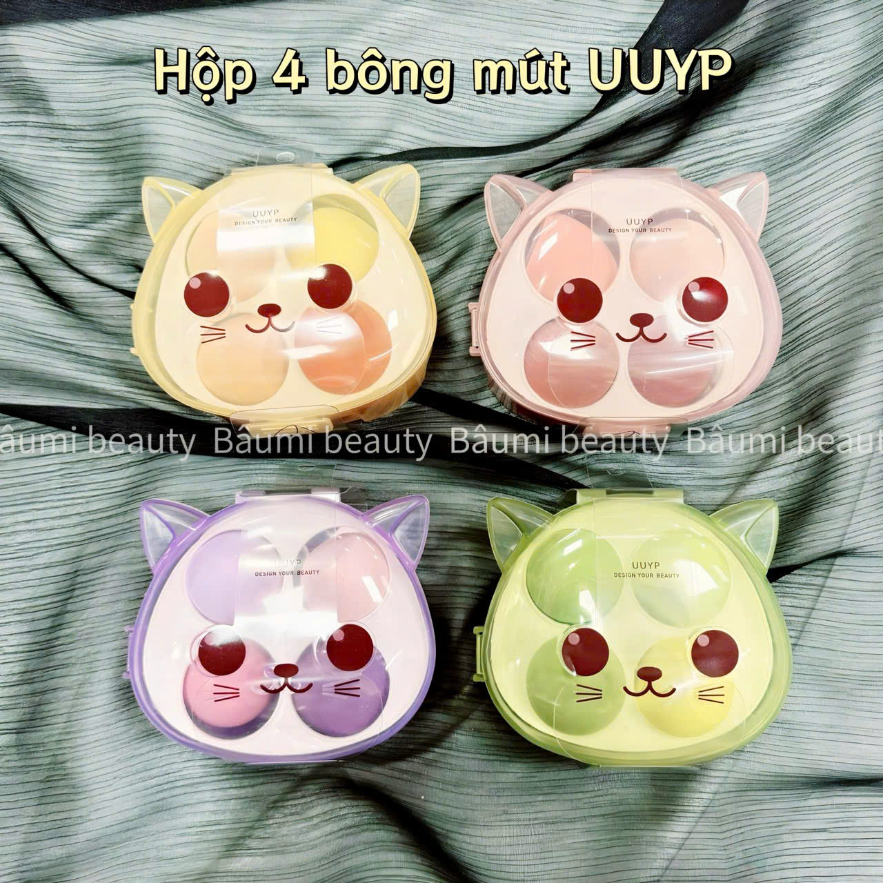 Hộp 4 bông mút tán nền giọt nước, vạt chéo UUYP nhiều màu sắc hộp mèo đáng yêu
