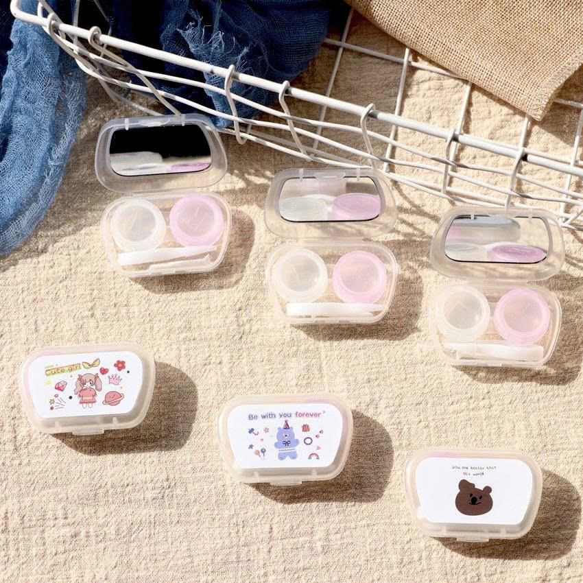 [ Set 3 món ] khay đựng lens kèm dụng cụ đeo lens trong suốt có gương nhiều họa tiết đơn giản, xinh xắn KDLens25