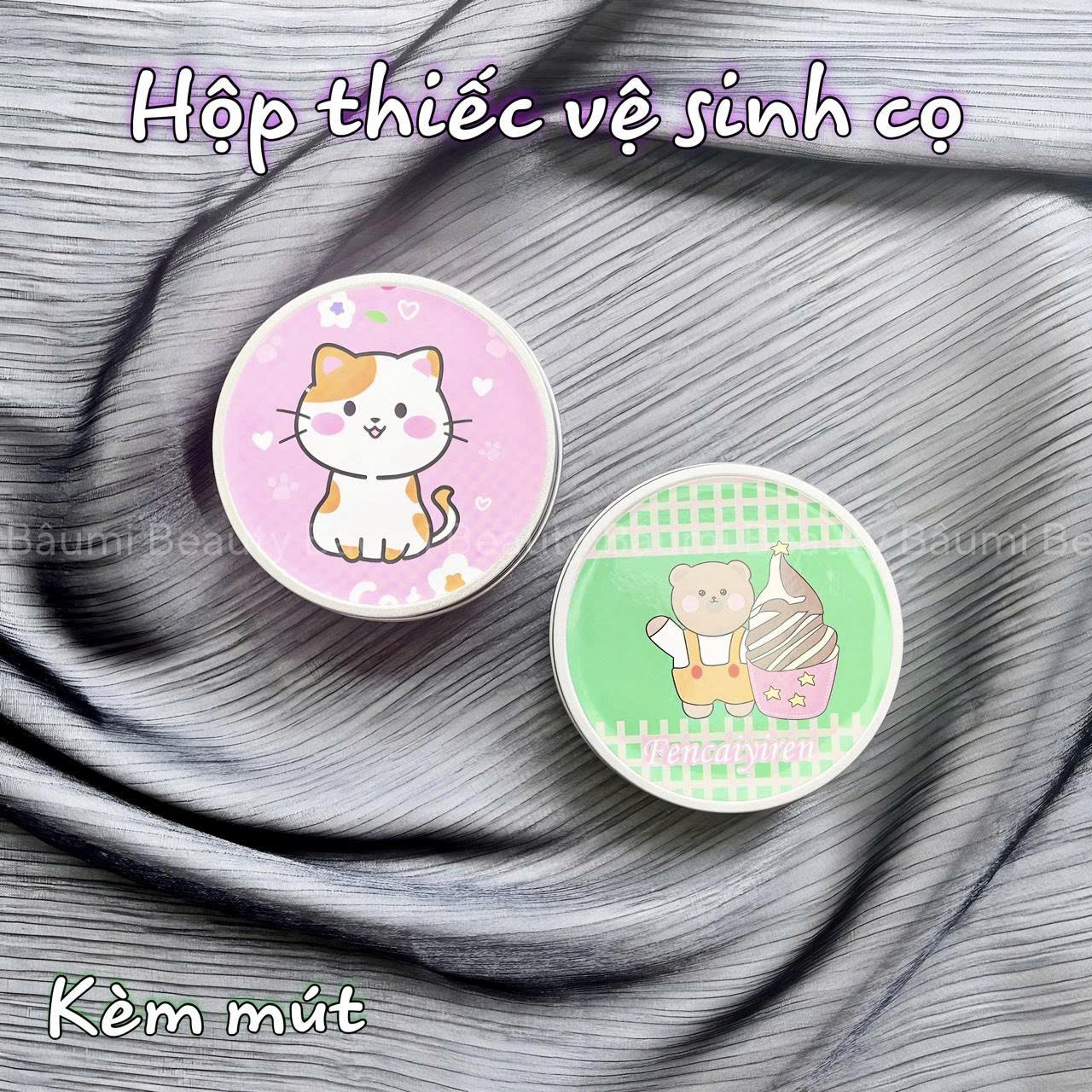 Hộp thiếc kèm xốp vệ sinh làm sạch cọ trang điểm nhanh chóng hoạ tiết dễ thương HVSC45