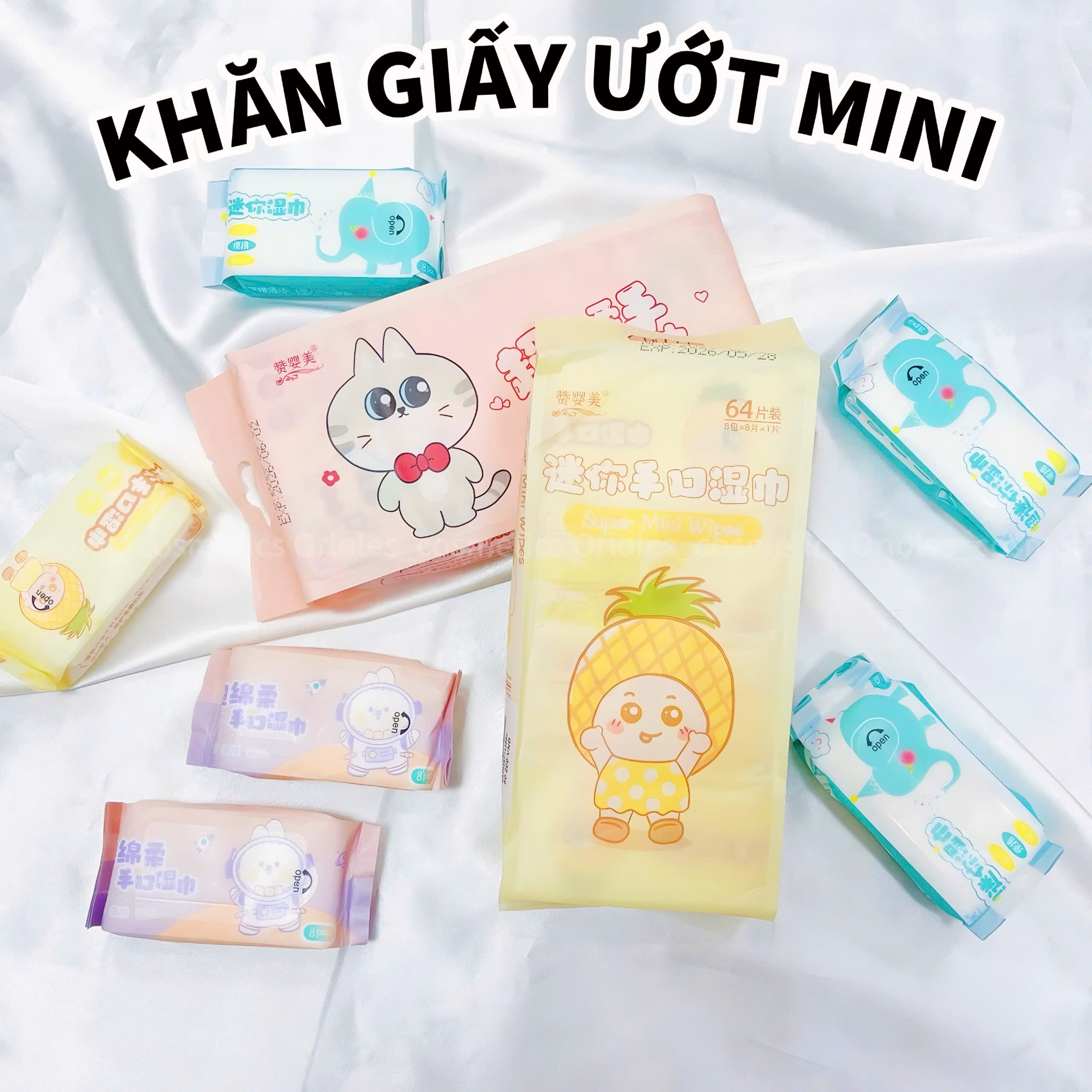( Lẻ 1 gói mini ) Khăn giấy ướt/ khăn ướt mini nhỏ gọn , bỏ túi tiện lợi hoạ tiết dễ thương KGUMN6