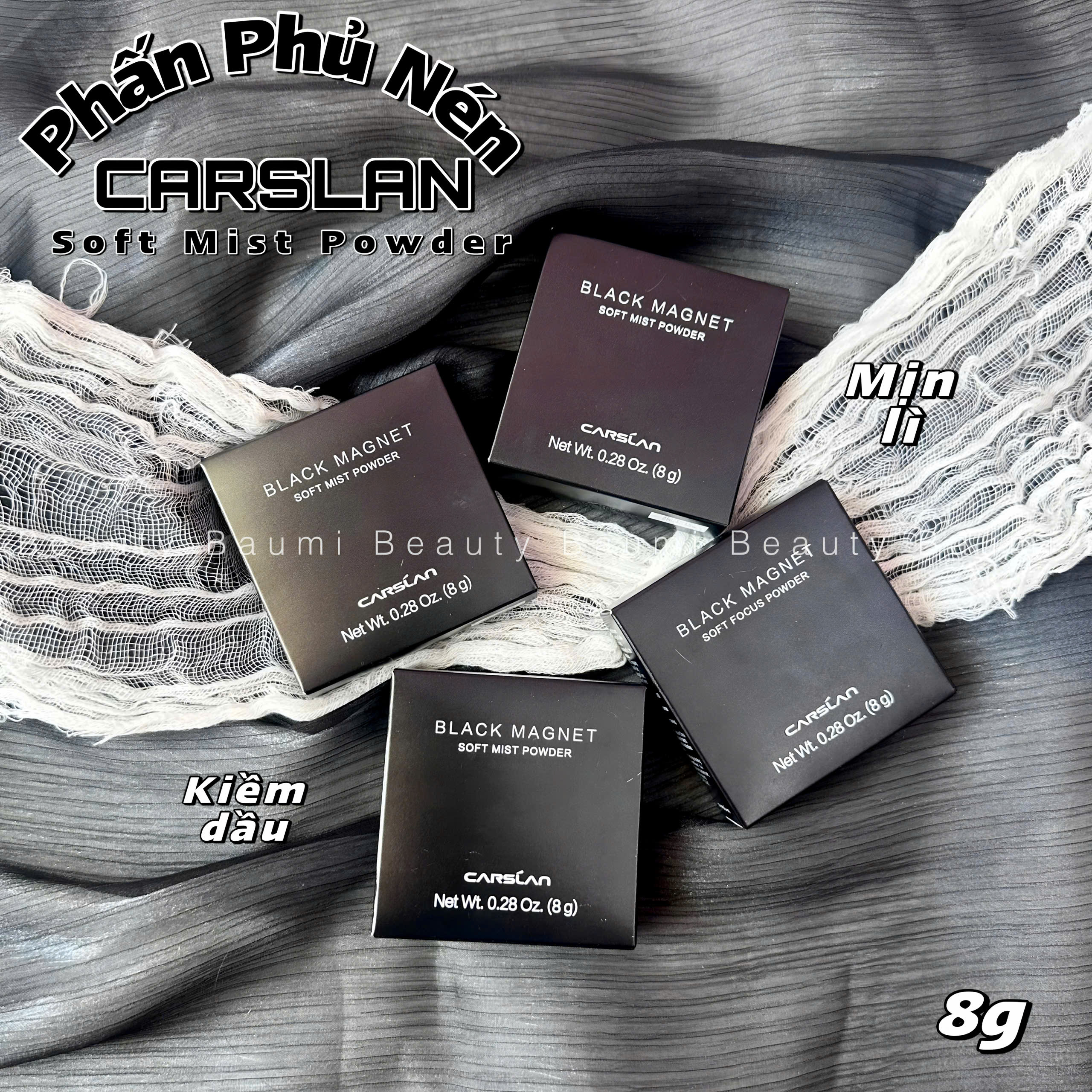 Phấn phủ nén mịn lì, kiềm dầu, đều màu da Carshlan Black Magnet Soft Mist Powder 8g #02 Nắp Bạc Siêu kiềm dầu