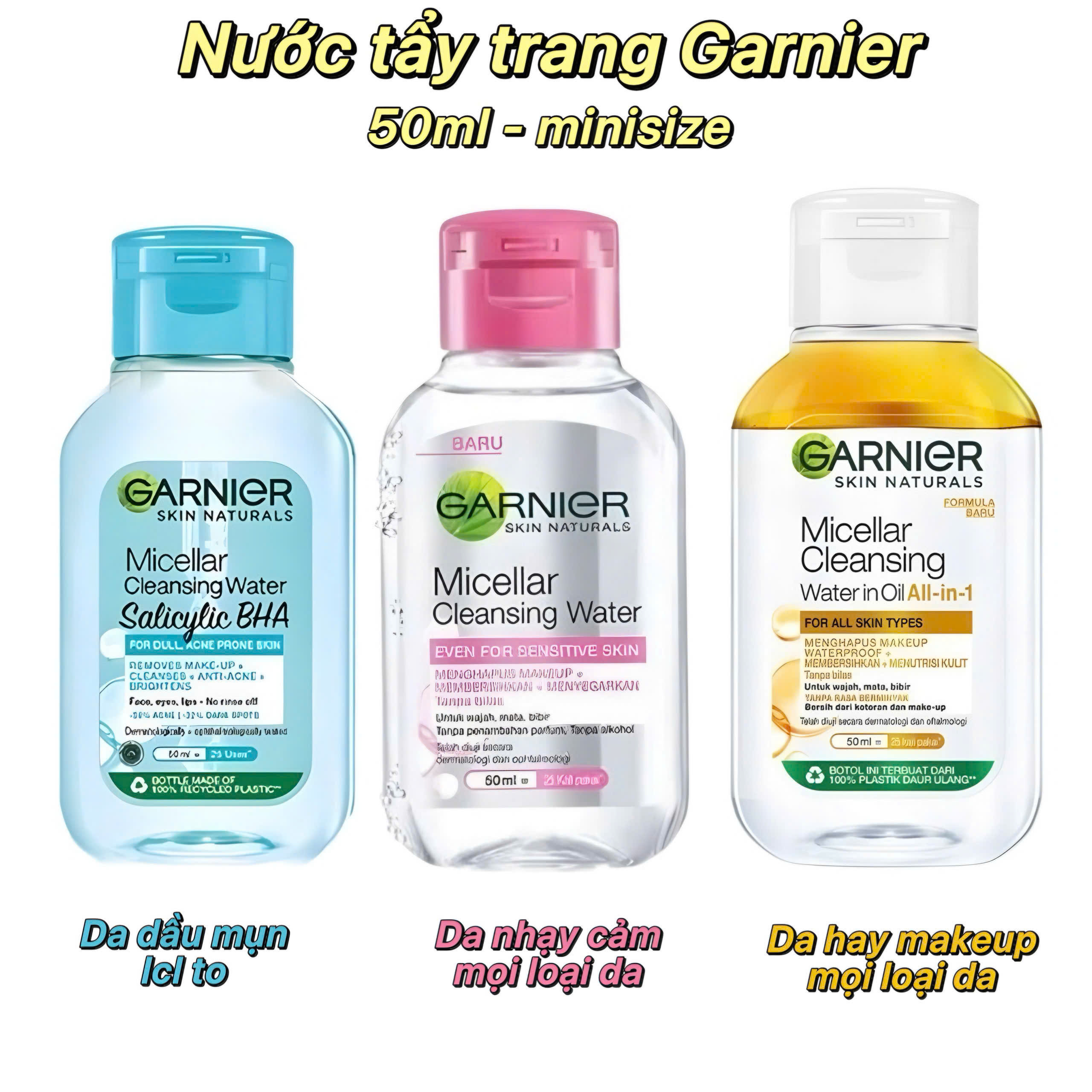 ( Minisize ) Nước tẩy trang sạch sâu, dịu nhẹ, cho mọi loại da Garnier Micellar Cleansing Water 50ml - Pháp #Vàng dầu kép