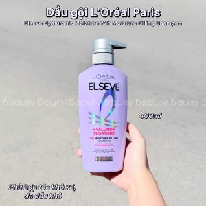 Dầu gội cấp ẩm chuyên sâu Loreal Paris Elseve Hyaluronic Moisture 72h Moisture Filling Shampoo 400ml - Pháp
