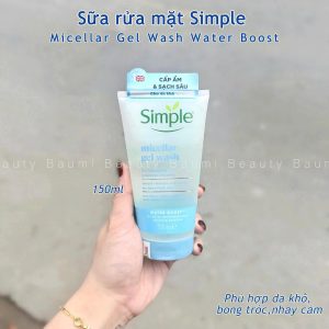 Sữa rửa mặt dạng gel cho da khô, nhạy cảm, sạch sâu, ẩm mịn Simple Micellar Gel Wash Water Boost 150ml - Anh
