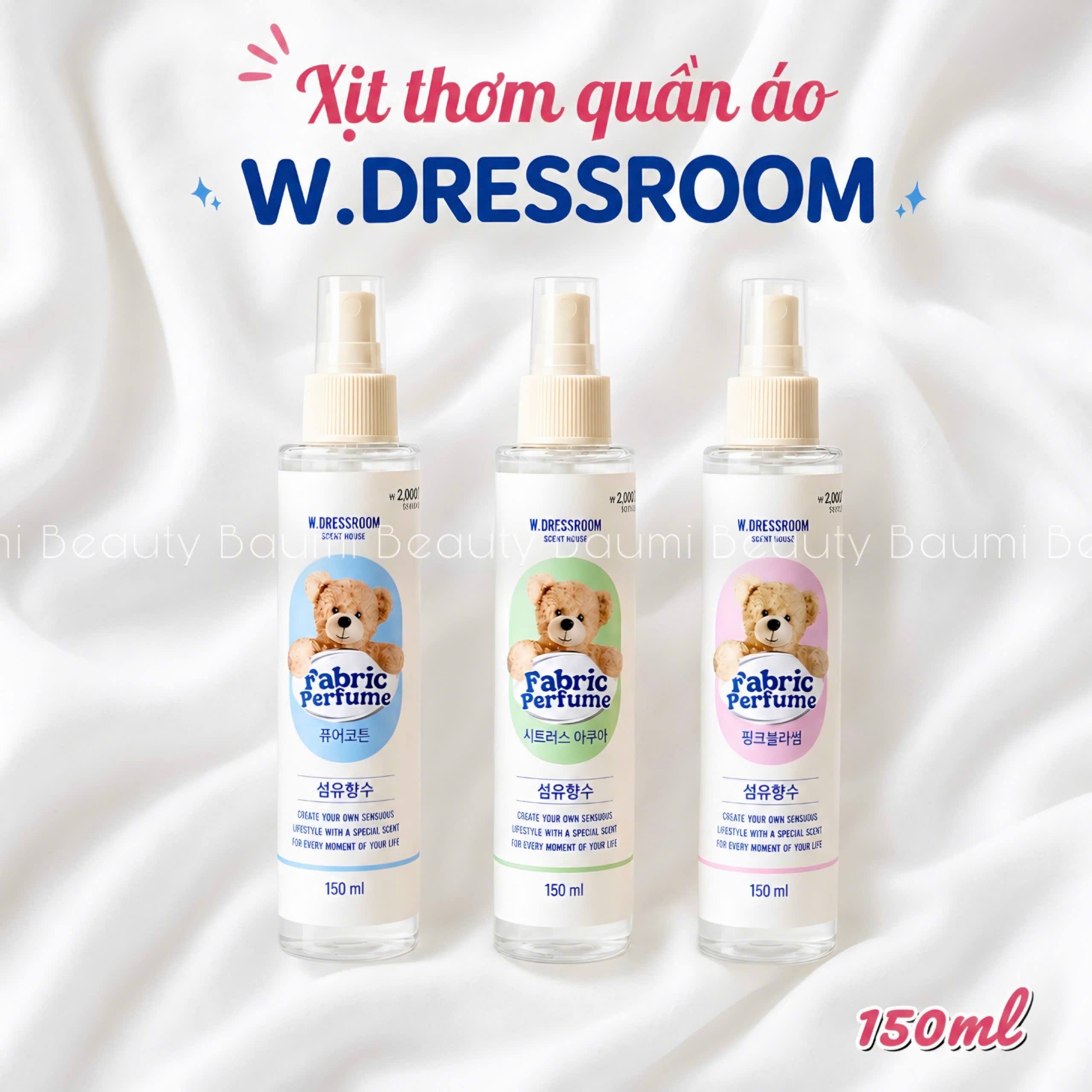 Xịt thơm quần áo, khử mùi, lưu hương lâu W.DRESSROOM Scent House Fabric Perfume 150ml - Hàn Quốc