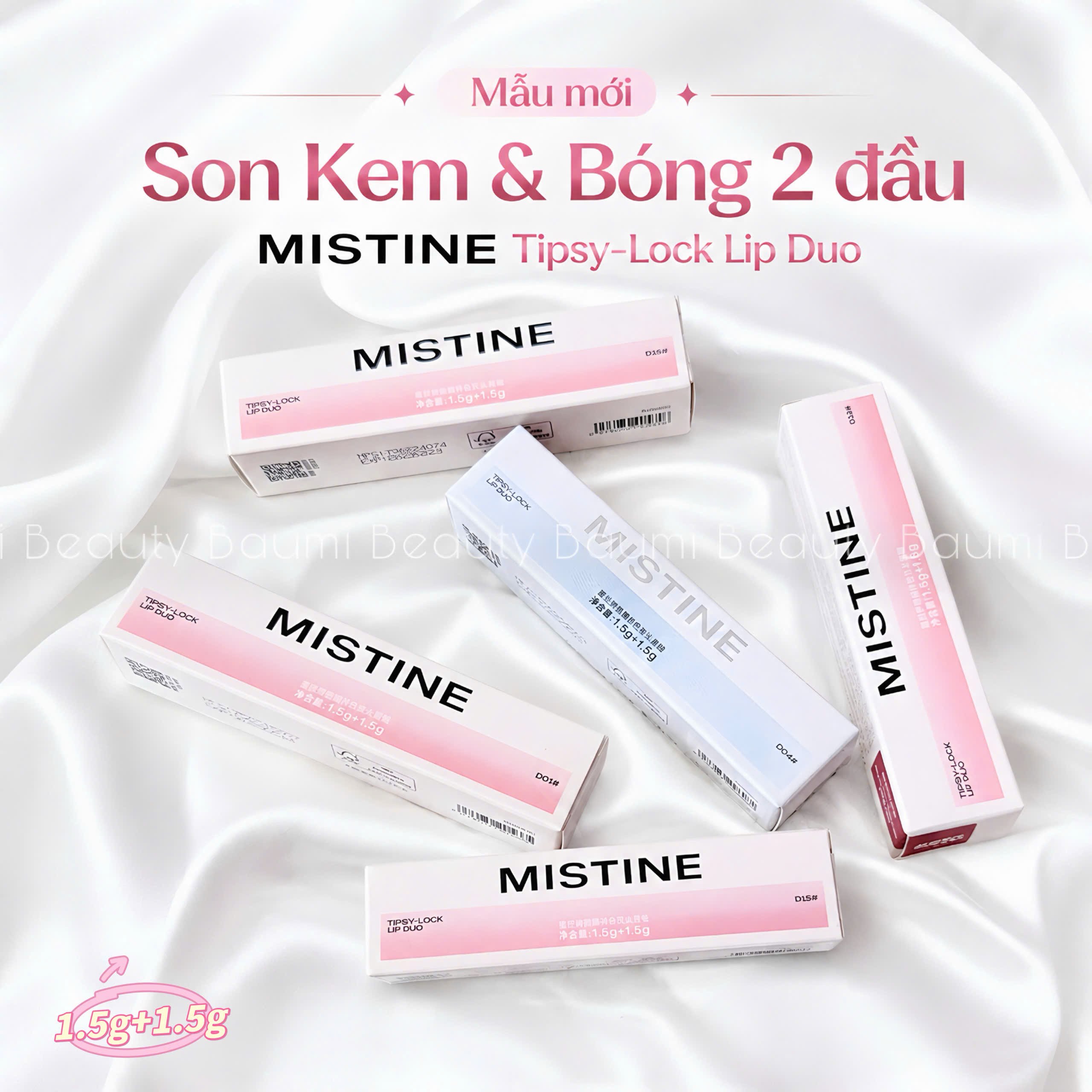 ( Mẫu mới ) Son 2 đầu kem lì và bóng Mistine Tipsy-Lock Lip Duo 3g - Thái Lan