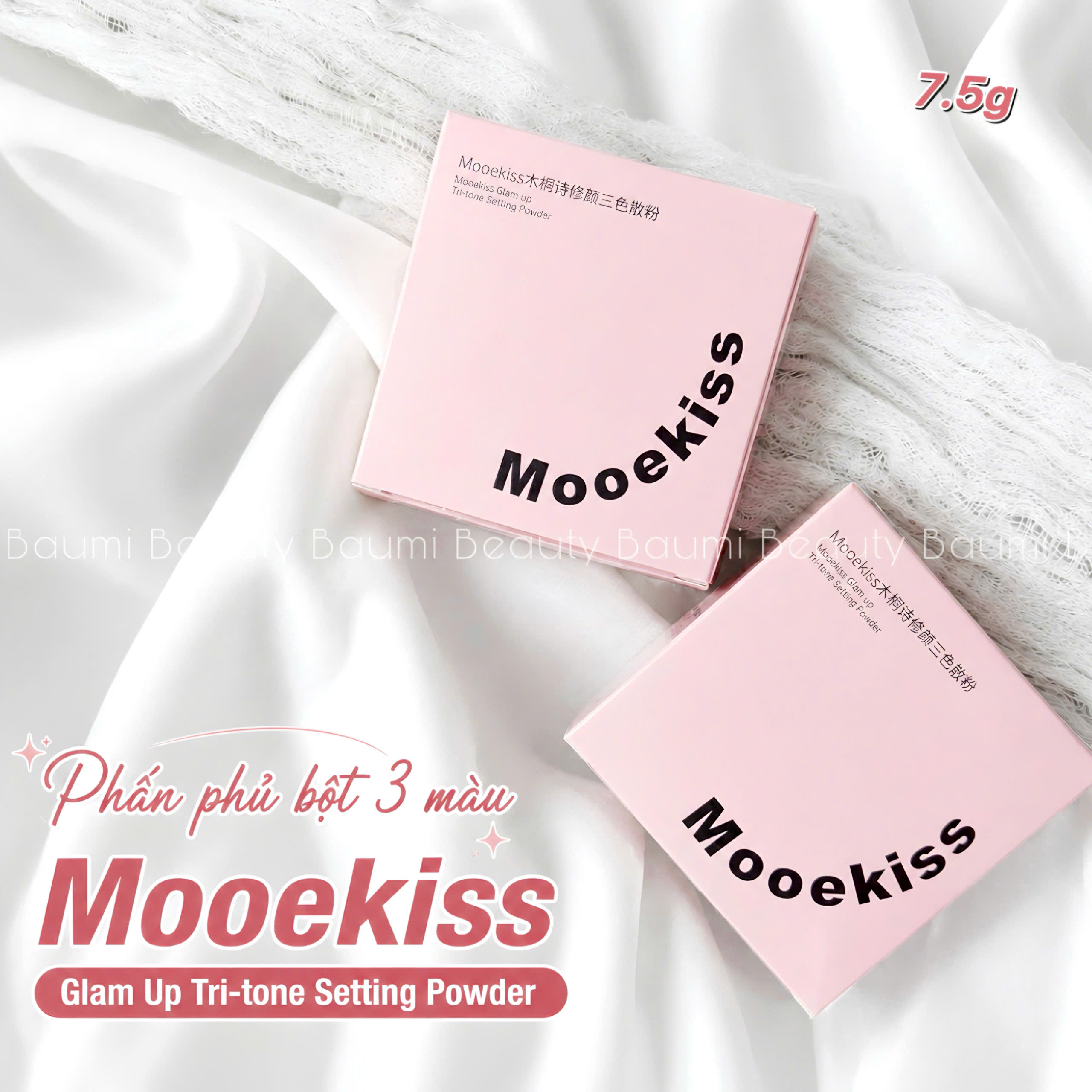 Phấn phủ bột 3 màu, kiểm soát dầu lâu trôi Mooekiss Glam Up Tri-tone Setting Powder 7.5g