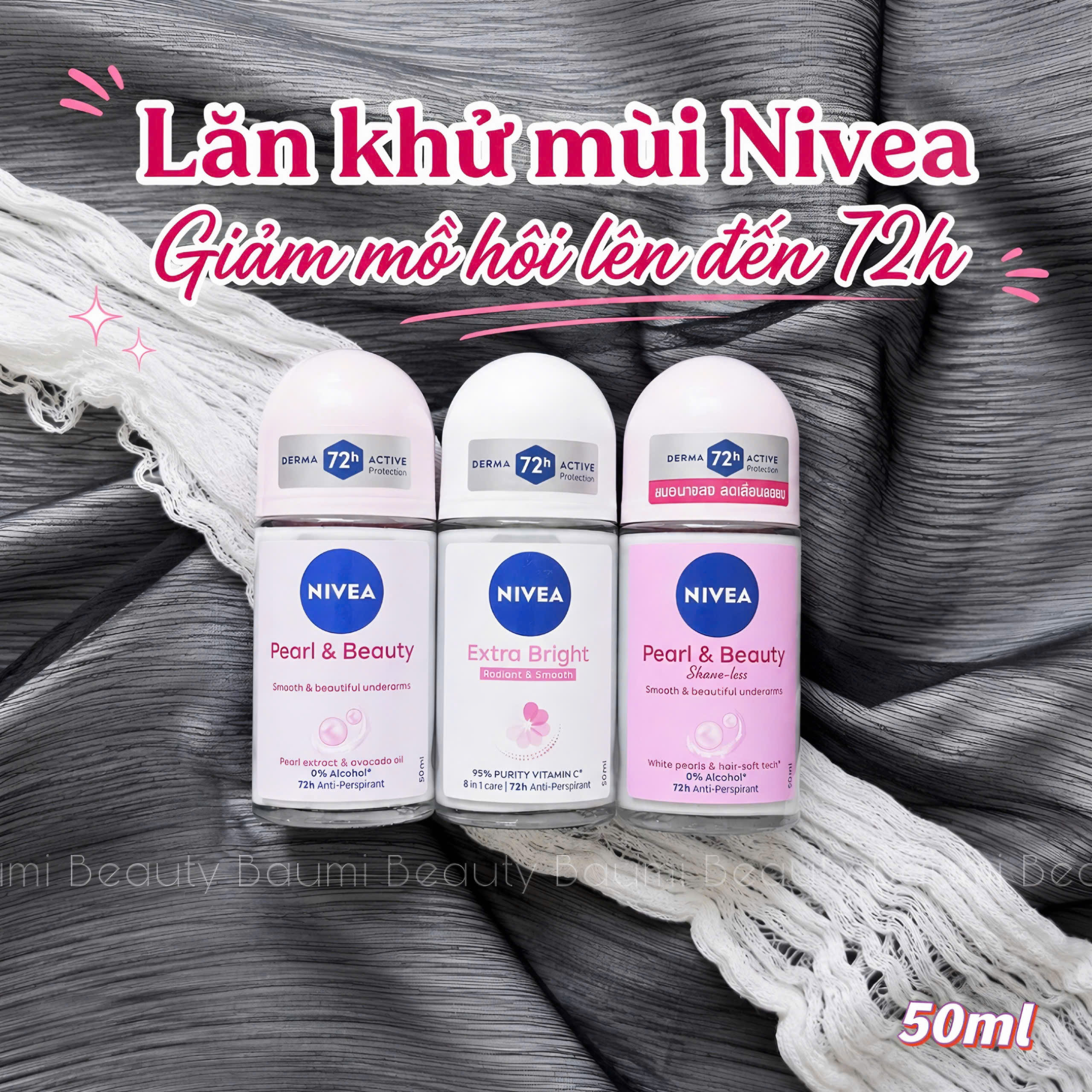 Lăn khử mùi, dưỡng sáng da mềm mịn Nivea Derma 72h Active Protection 50ml - Thái Lan
